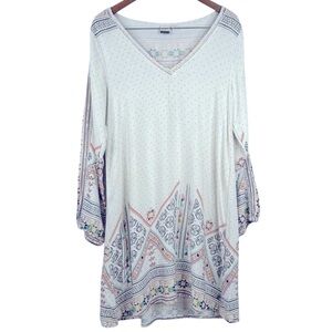 Roxy Off White With Aztec Pattern & Crochet Detail Long Sleeve V-Neck Dress XL